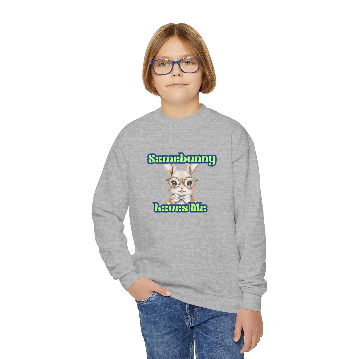 Youth Crewneck Sweatshirt - 'Somebunny Loves Me' Cute Bunny Design