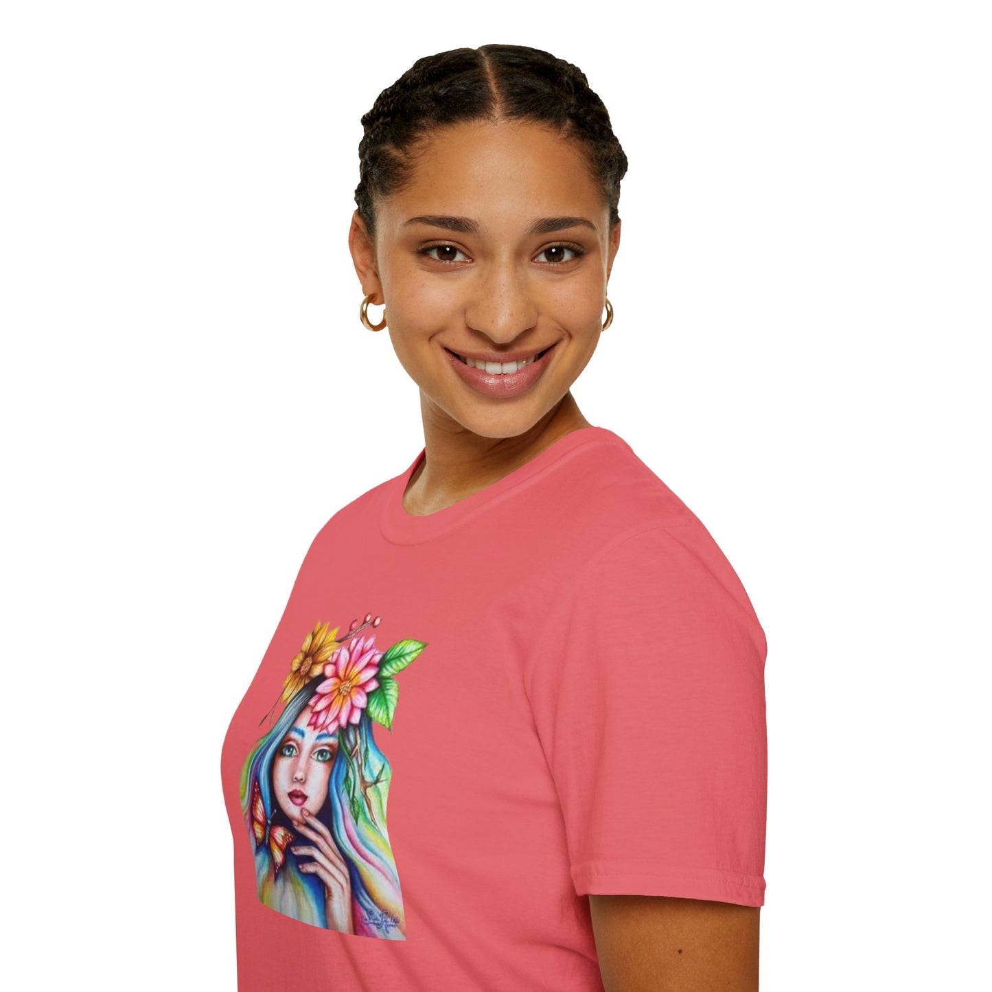 Floral Butterfly Art Unisex Softstyle T-Shirt – Vibrant Nature-Inspired Design for Creative Souls