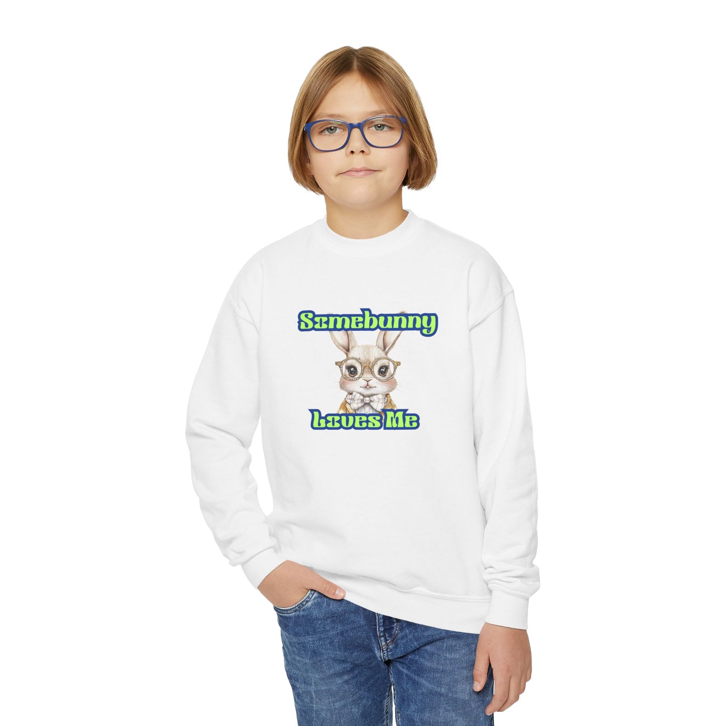 Youth Crewneck Sweatshirt - 'Somebunny Loves Me' Cute Bunny Design