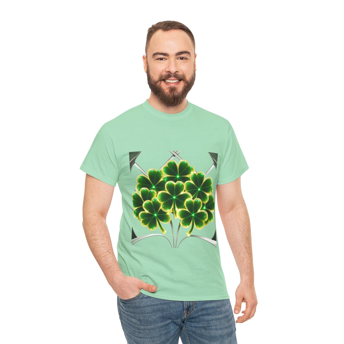 A cluster of glowing Shemrocks Unisex Heavy Cotton Tee - Perfect for St. Patrick's Day & Everyday Wear