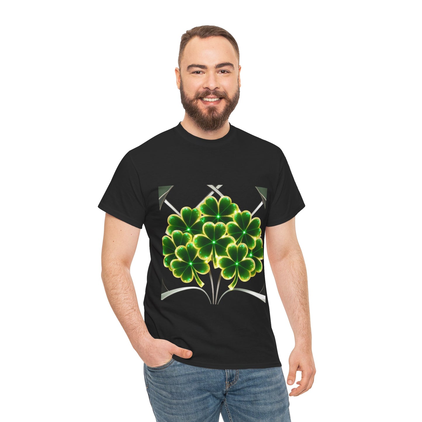 A cluster of glowing Shemrocks Unisex Heavy Cotton Tee - Perfect for St. Patrick's Day & Everyday Wear