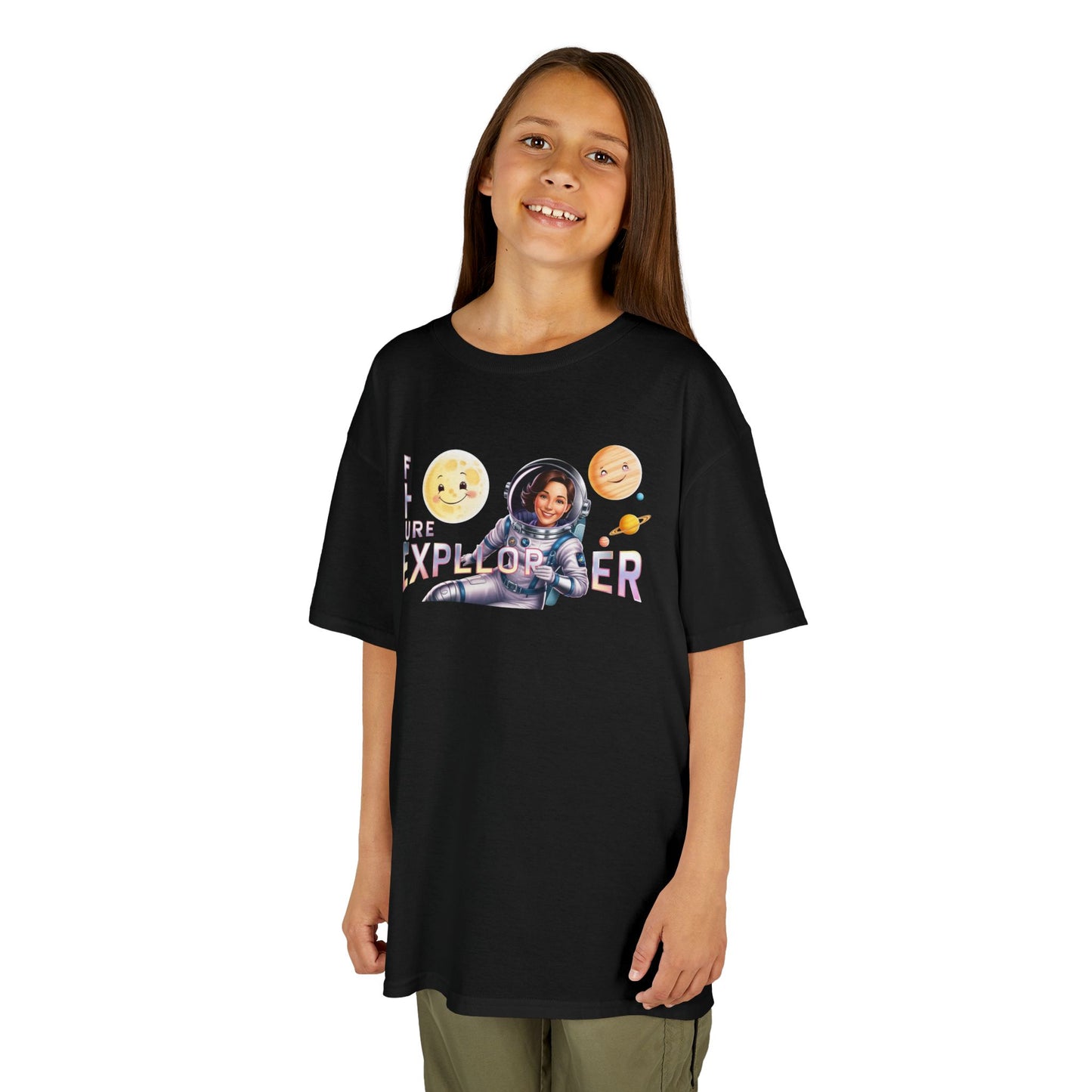 Future Explorer Kids Heavy Cotton Tee - Fun Space Design for Young Adventurers!