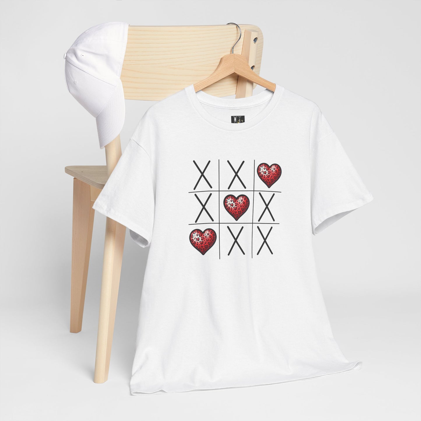 Valentine's Day Tic Tac Toe Tee - Unisex Heavy Cotton Shirt with Heart Design