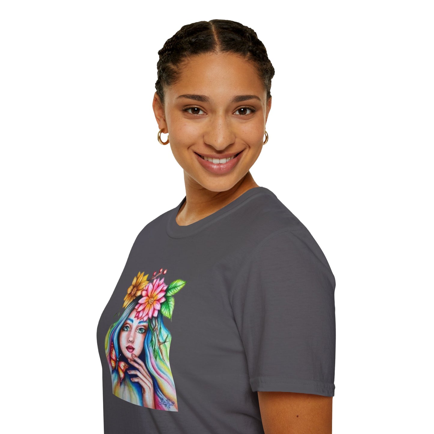 Floral Butterfly Art Unisex Softstyle T-Shirt – Vibrant Nature-Inspired Design for Creative Souls