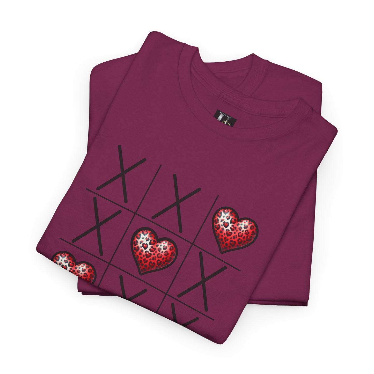 Valentine's Day Tic Tac Toe Tee - Unisex Heavy Cotton Shirt with Heart Design