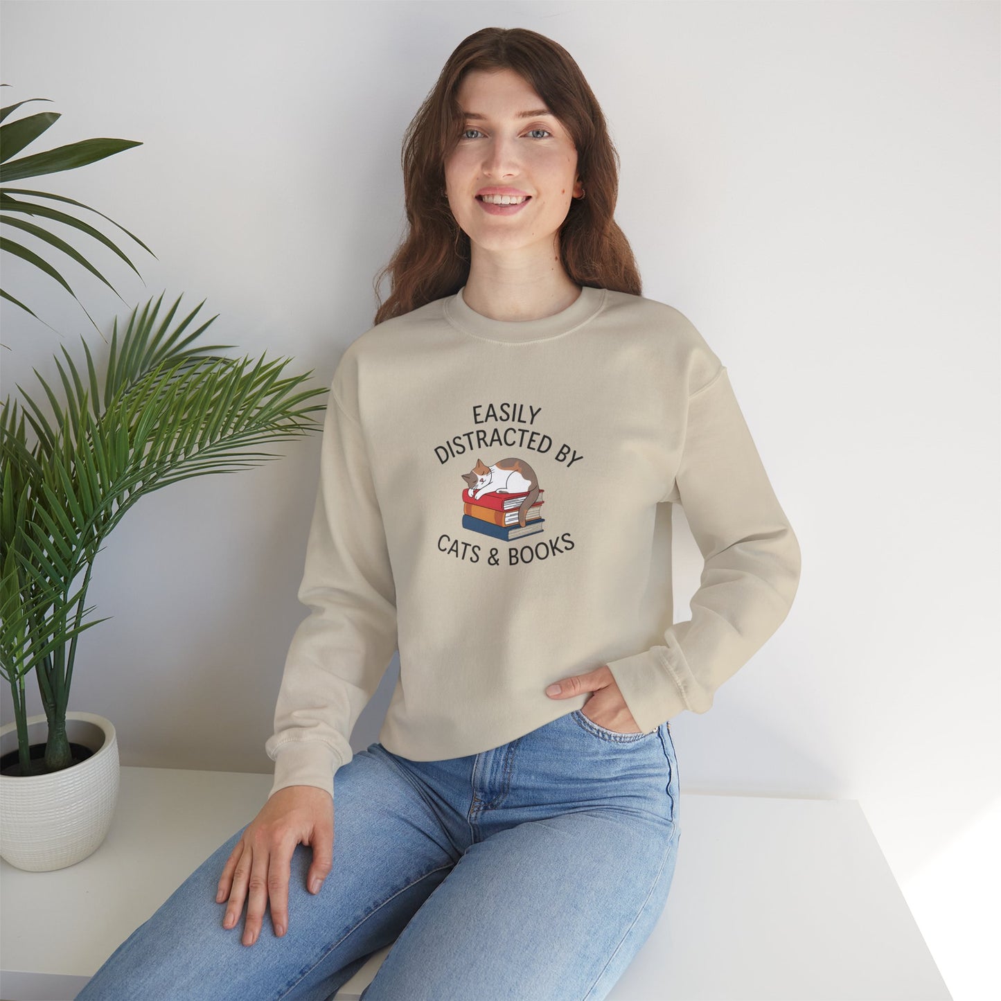 Easily Distracted by Cats & Books, Perfect gift for Cat Lovers and Book Lovers Comfortable Sweatshirt