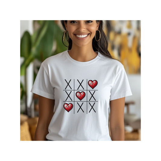 Valentine's Day Tic Tac Toe Tee - Unisex Heavy Cotton Shirt with Heart Design