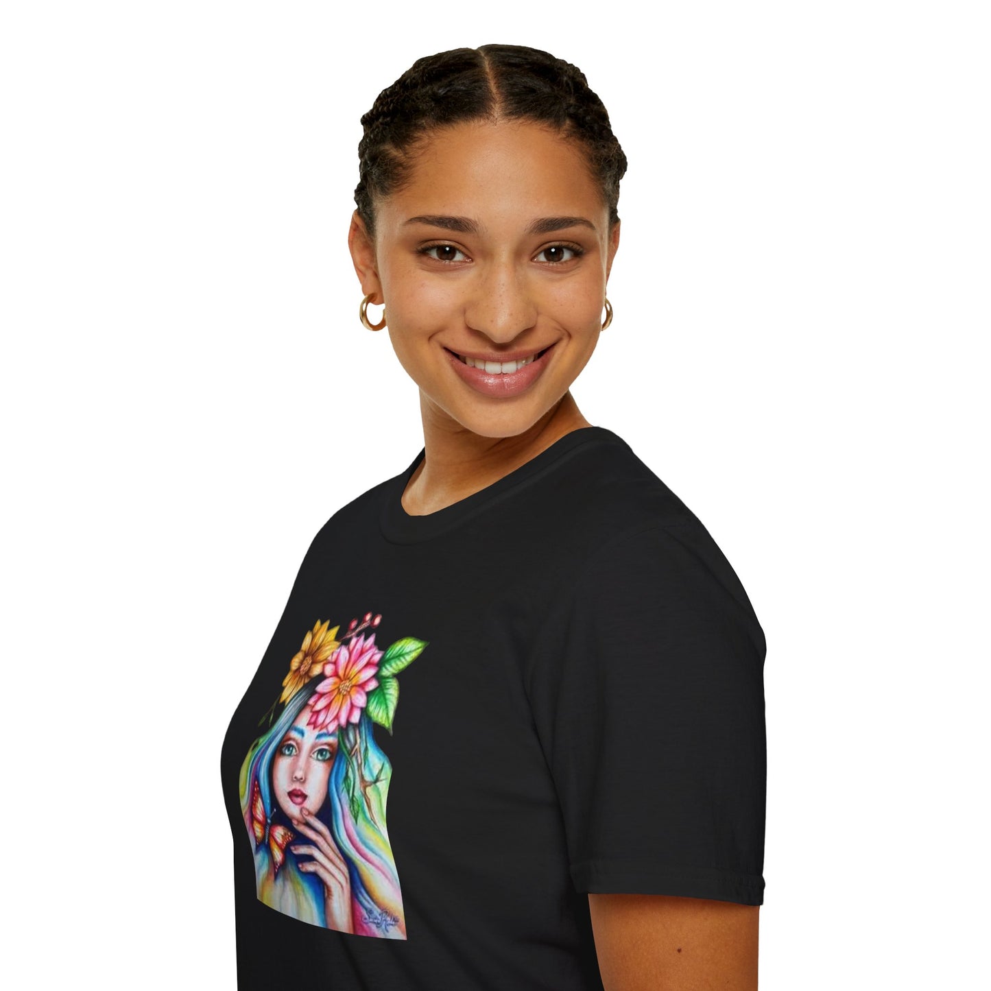 Floral Butterfly Art Unisex Softstyle T-Shirt – Vibrant Nature-Inspired Design for Creative Souls