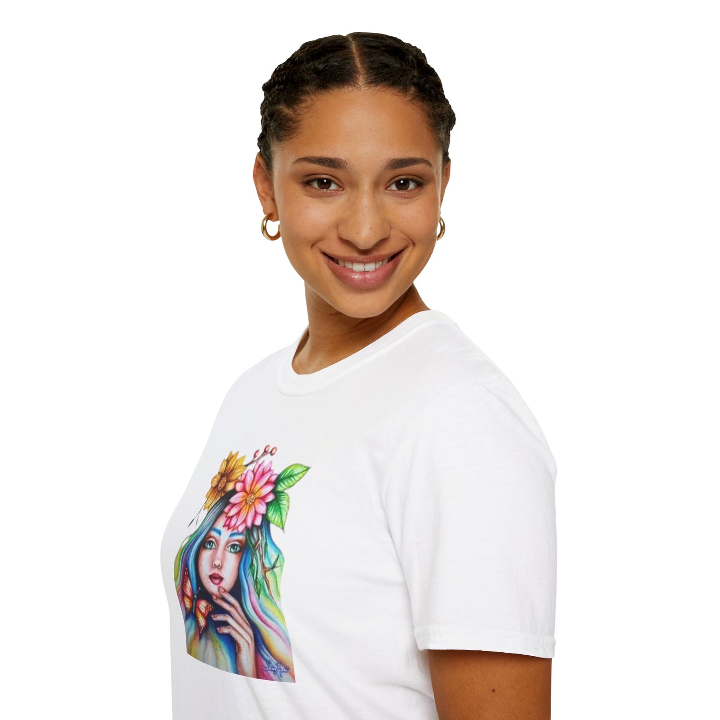 Floral Butterfly Art Unisex Softstyle T-Shirt – Vibrant Nature-Inspired Design for Creative Souls