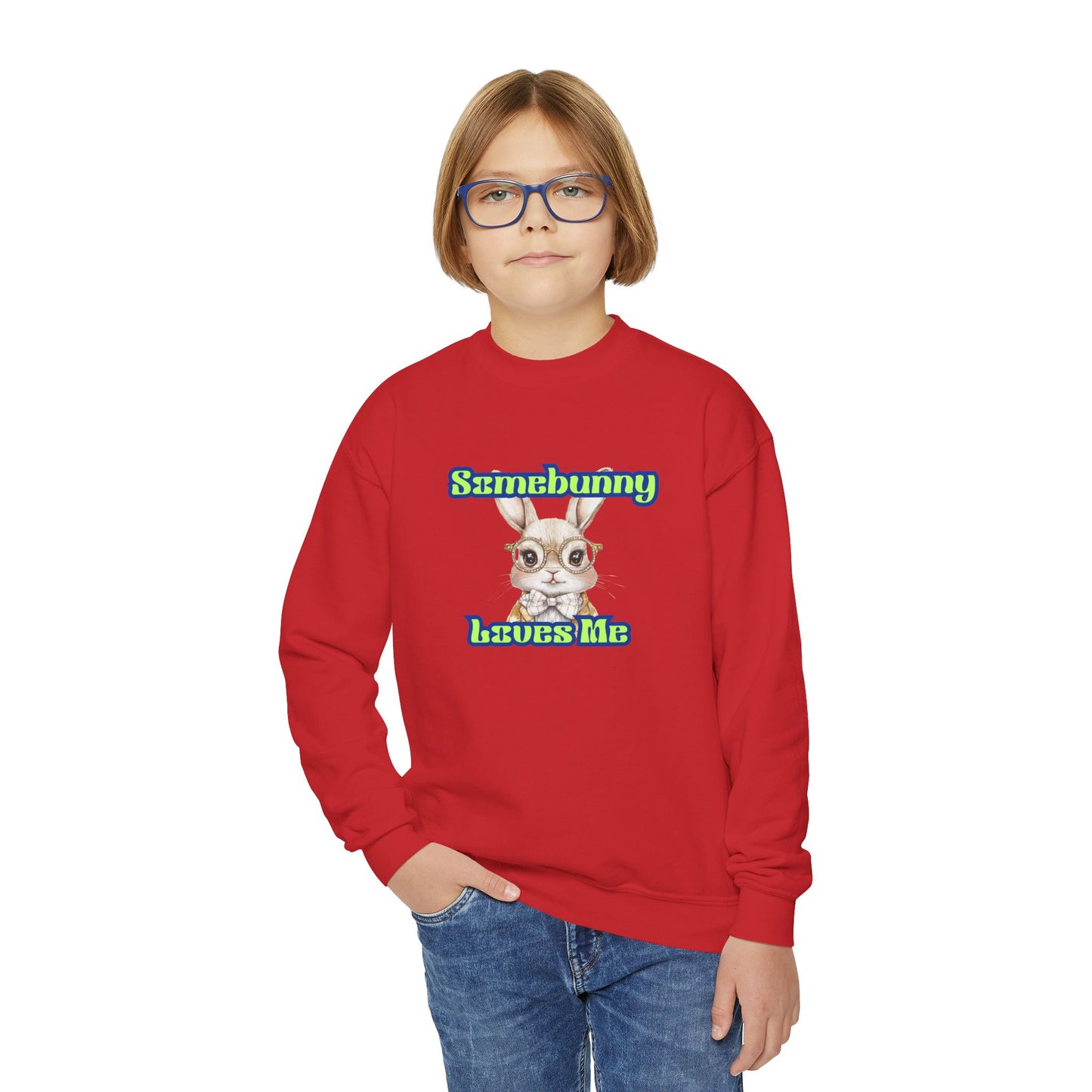 Youth Crewneck Sweatshirt - 'Somebunny Loves Me' Cute Bunny Design