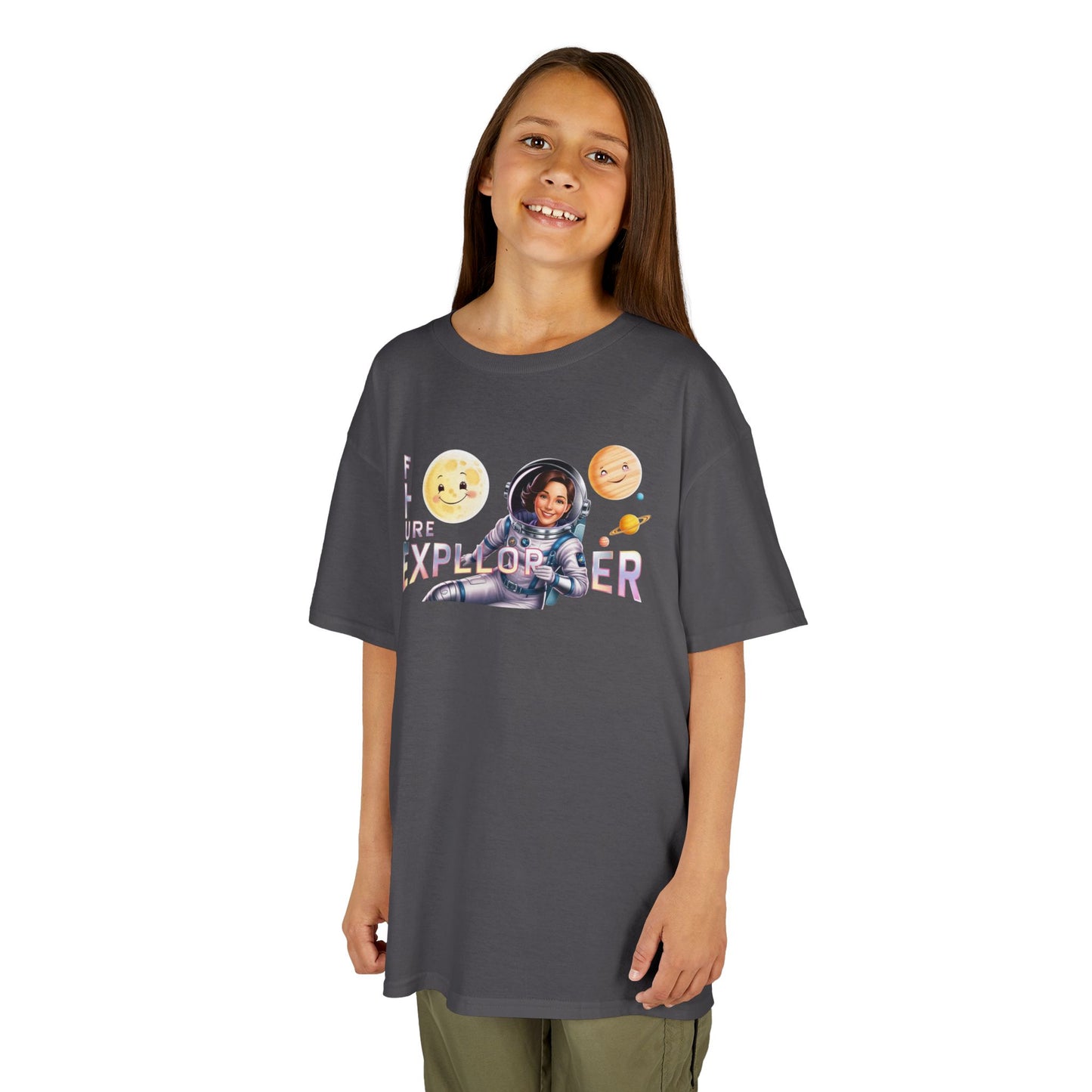 Future Explorer Kids Heavy Cotton Tee - Fun Space Design for Young Adventurers!