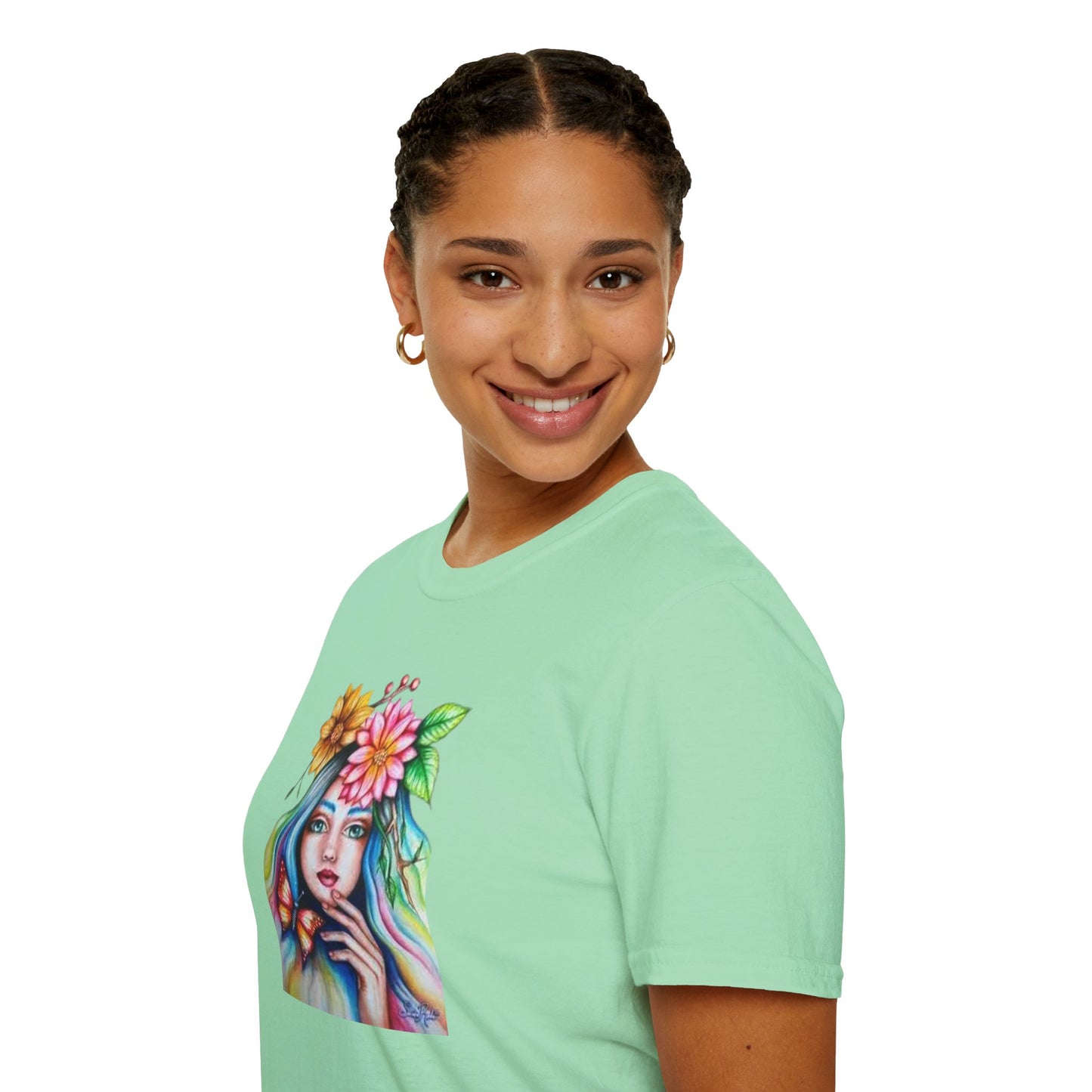 Floral Butterfly Art Unisex Softstyle T-Shirt – Vibrant Nature-Inspired Design for Creative Souls