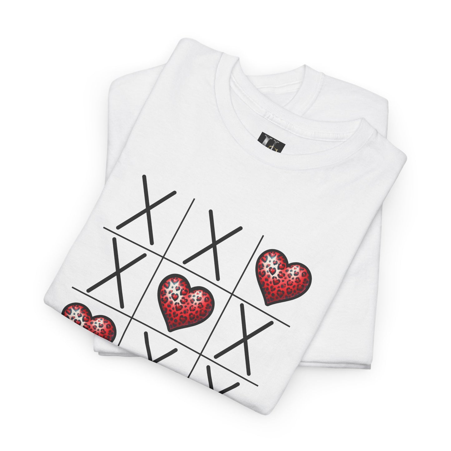 Valentine's Day Tic Tac Toe Tee - Unisex Heavy Cotton Shirt with Heart Design