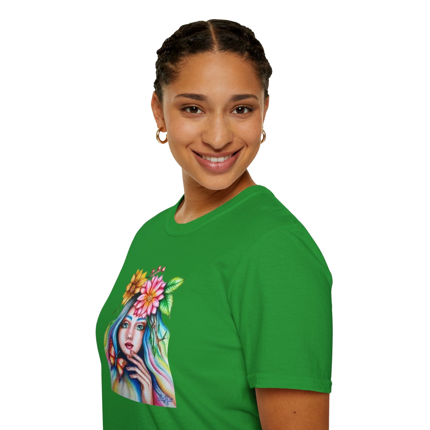 Floral Butterfly Art Unisex Softstyle T-Shirt – Vibrant Nature-Inspired Design for Creative Souls