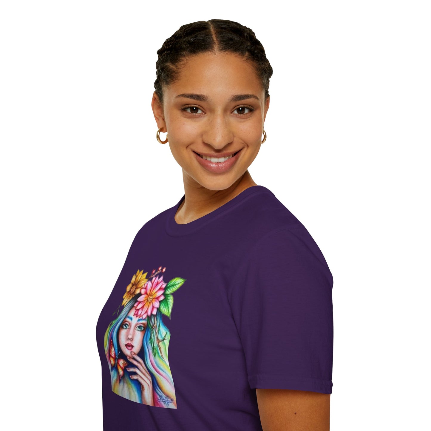 Floral Butterfly Art Unisex Softstyle T-Shirt – Vibrant Nature-Inspired Design for Creative Souls