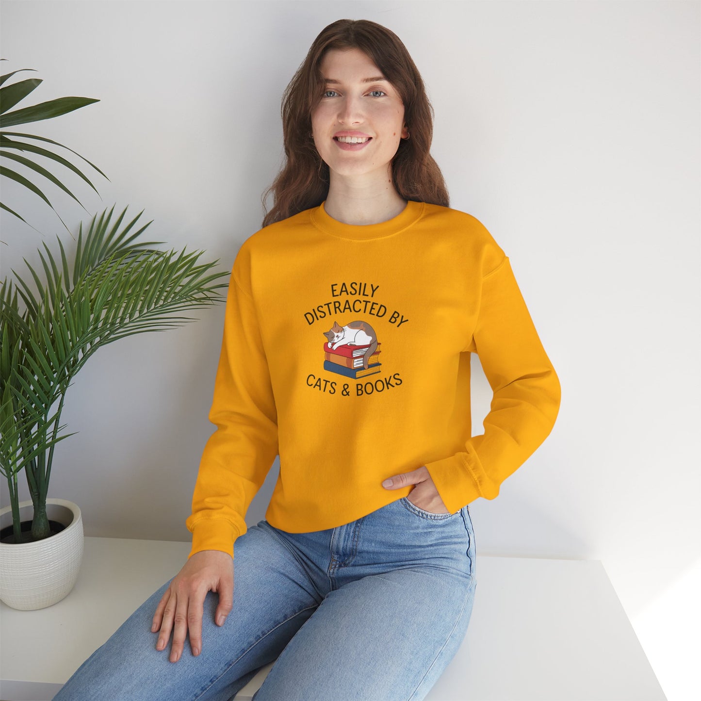 Easily Distracted by Cats & Books, Perfect gift for Cat Lovers and Book Lovers Comfortable Sweatshirt