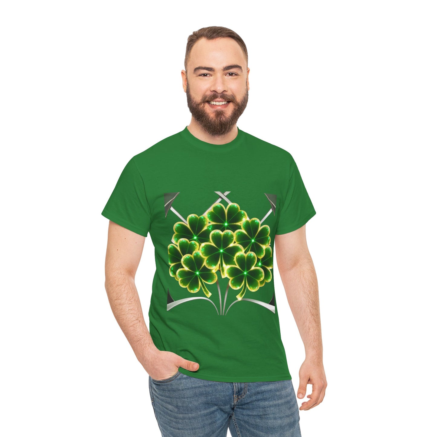 A cluster of glowing Shemrocks Unisex Heavy Cotton Tee - Perfect for St. Patrick's Day & Everyday Wear